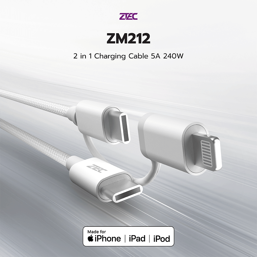 สายชาร์จไนลอนถัก  ZTEC ZM212 2 IN 1 สีขาว MFI 5A 240W USB-C TO USB-C & LIGHTNING_1